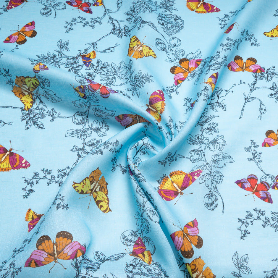 Multi Butterfly Printed Rich Blue Linen
