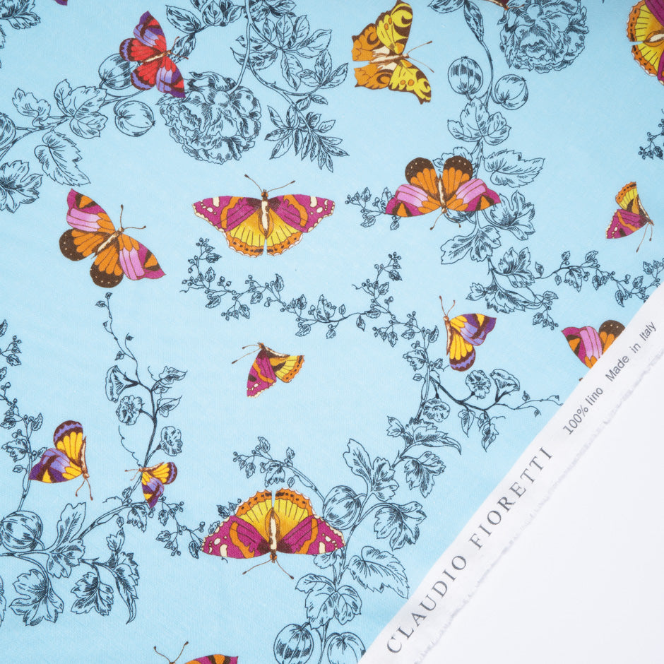 Multi Butterfly Printed Rich Blue Linen