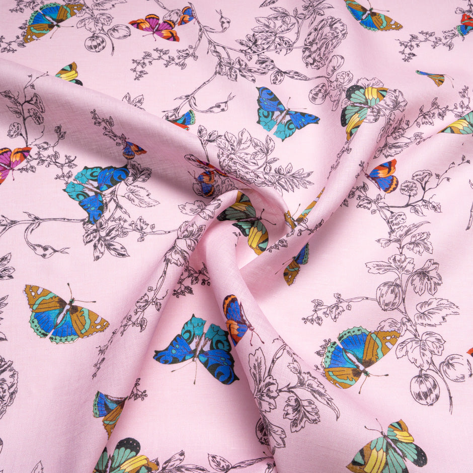Multi Butterfly Printed Candy Pink Linen