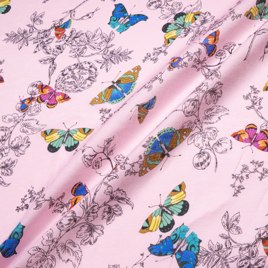 Multi Butterfly Printed Candy Pink Linen