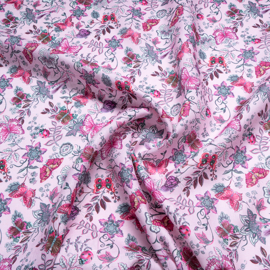 Floral & Butterfly Printed Pink Linen