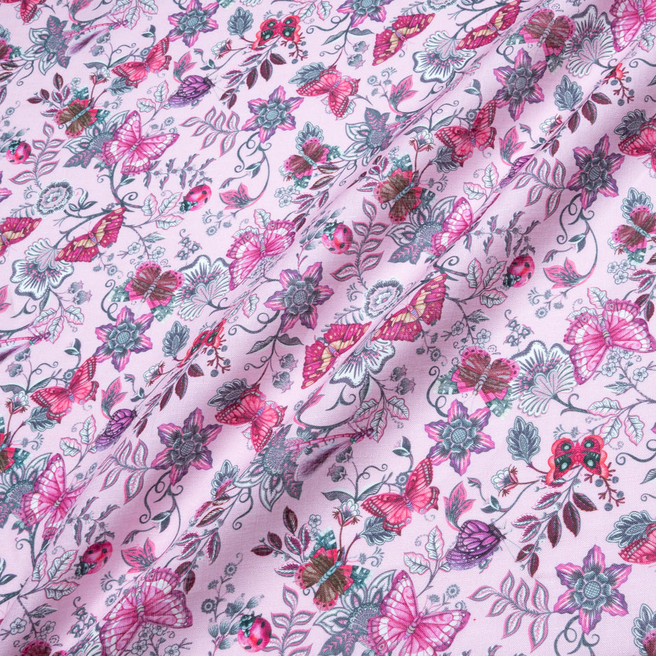 Floral & Butterfly Printed Pink Linen