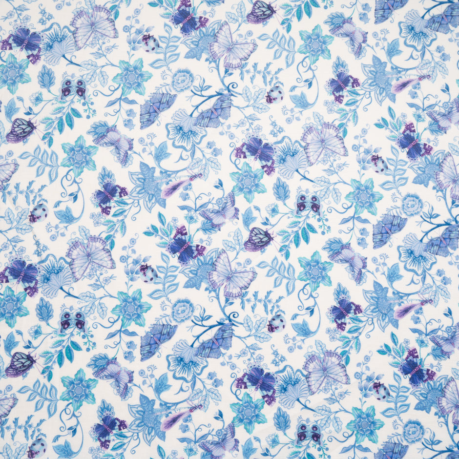 Purple & Blue Butterfly Printed White Linen