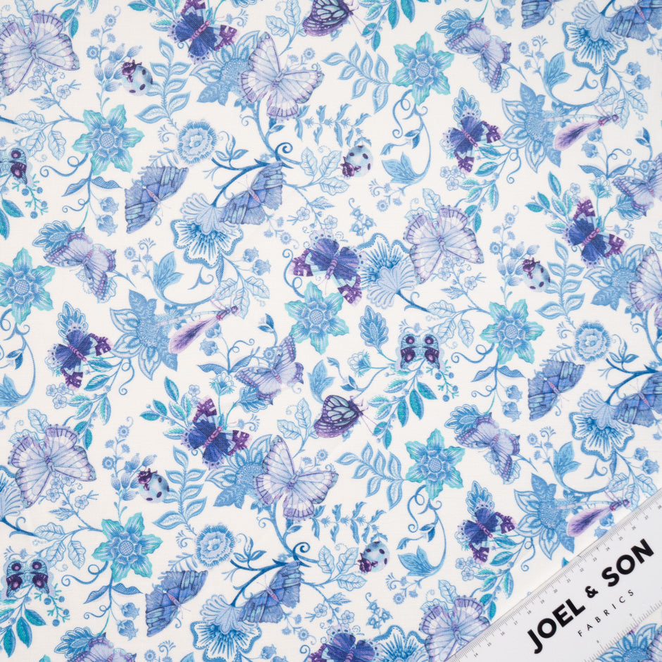Purple & Blue Butterfly Printed White Linen