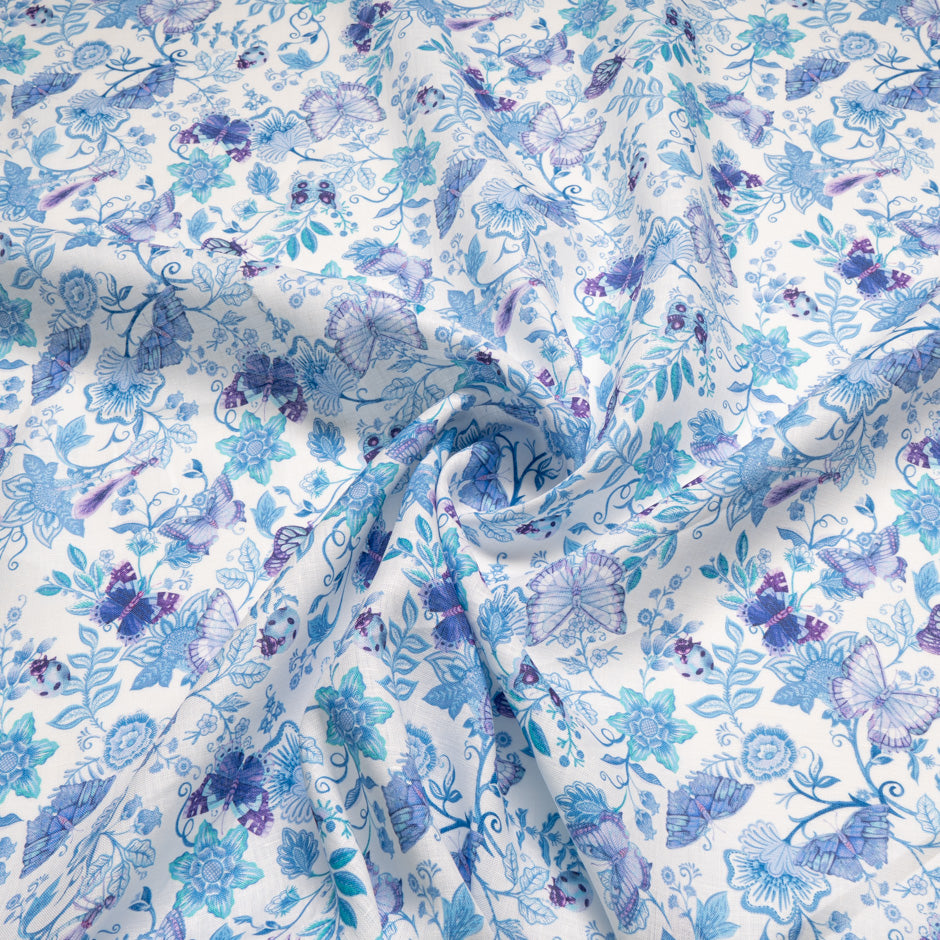 Purple & Blue Butterfly Printed White Linen