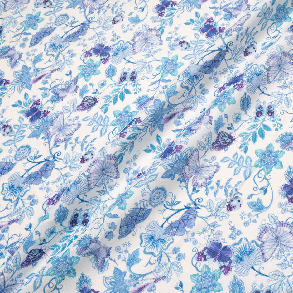 Purple & Blue Butterfly Printed White Linen