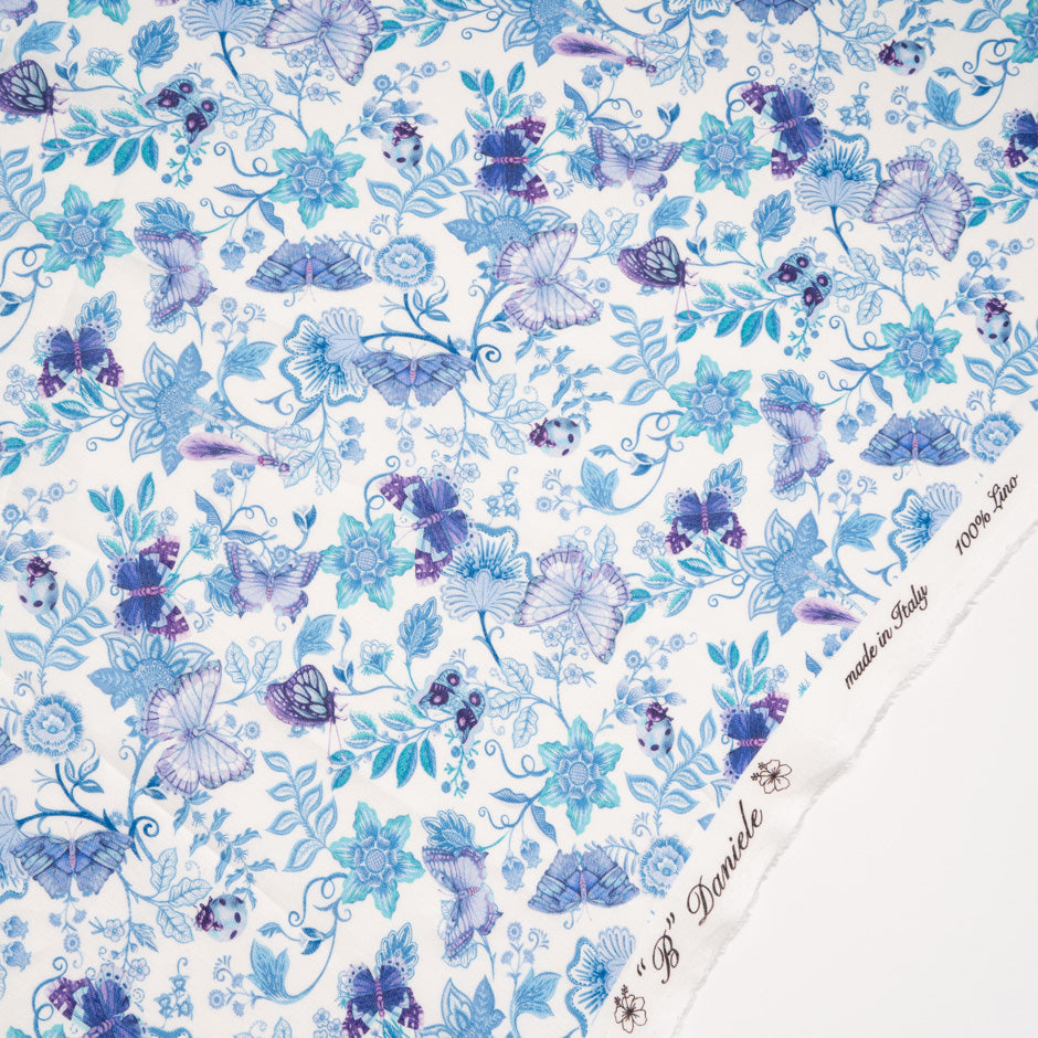 Purple & Blue Butterfly Printed White Linen