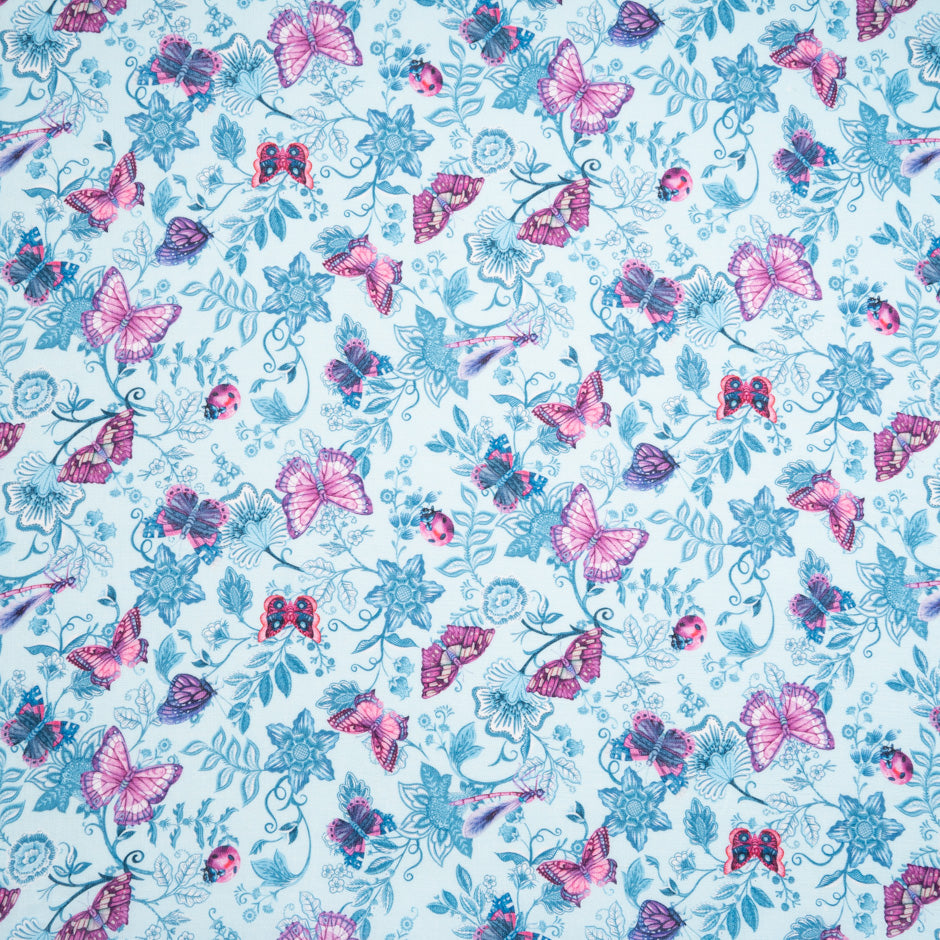 Pink Butterfly Printed Blue Linen