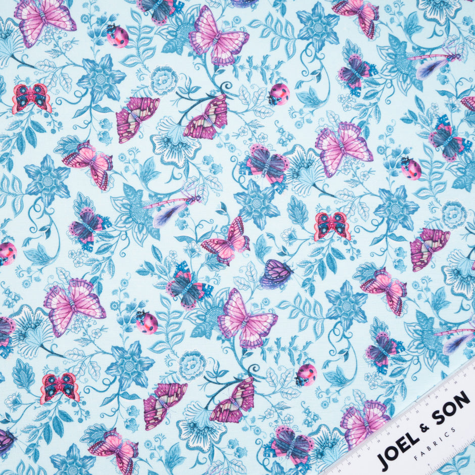 Pink Butterfly Printed Blue Linen