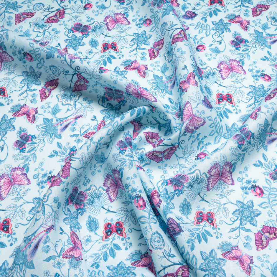 Pink Butterfly Printed Blue Linen
