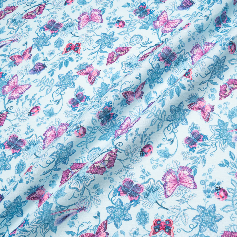 Pink Butterfly Printed Blue Linen