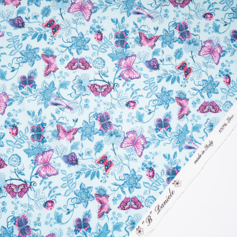 Pink Butterfly Printed Blue Linen