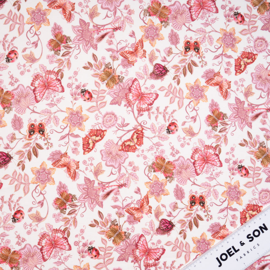 Pink & Orange Butterfly Printed Ivory Linen (A 1.95m Piece)