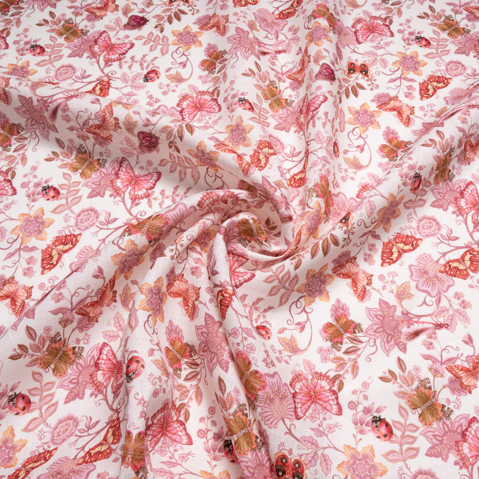 Pink & Orange Butterfly Printed Ivory Linen (A 1.95m Piece)
