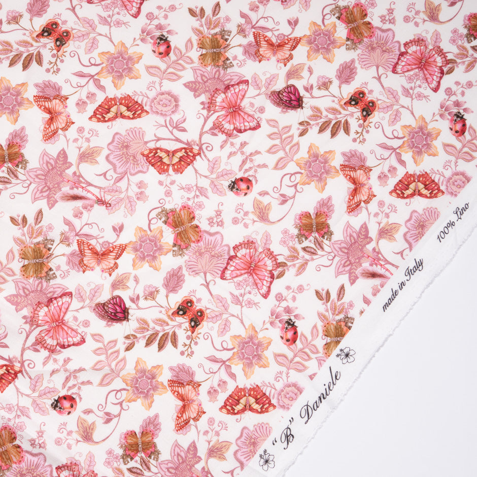 Pink & Orange Butterfly Printed Ivory Linen (A 1.95m Piece)