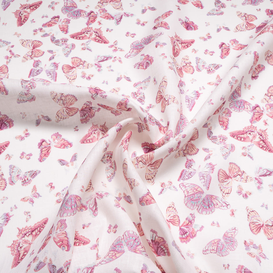 Pink Butterfly Printed Ivory Linen