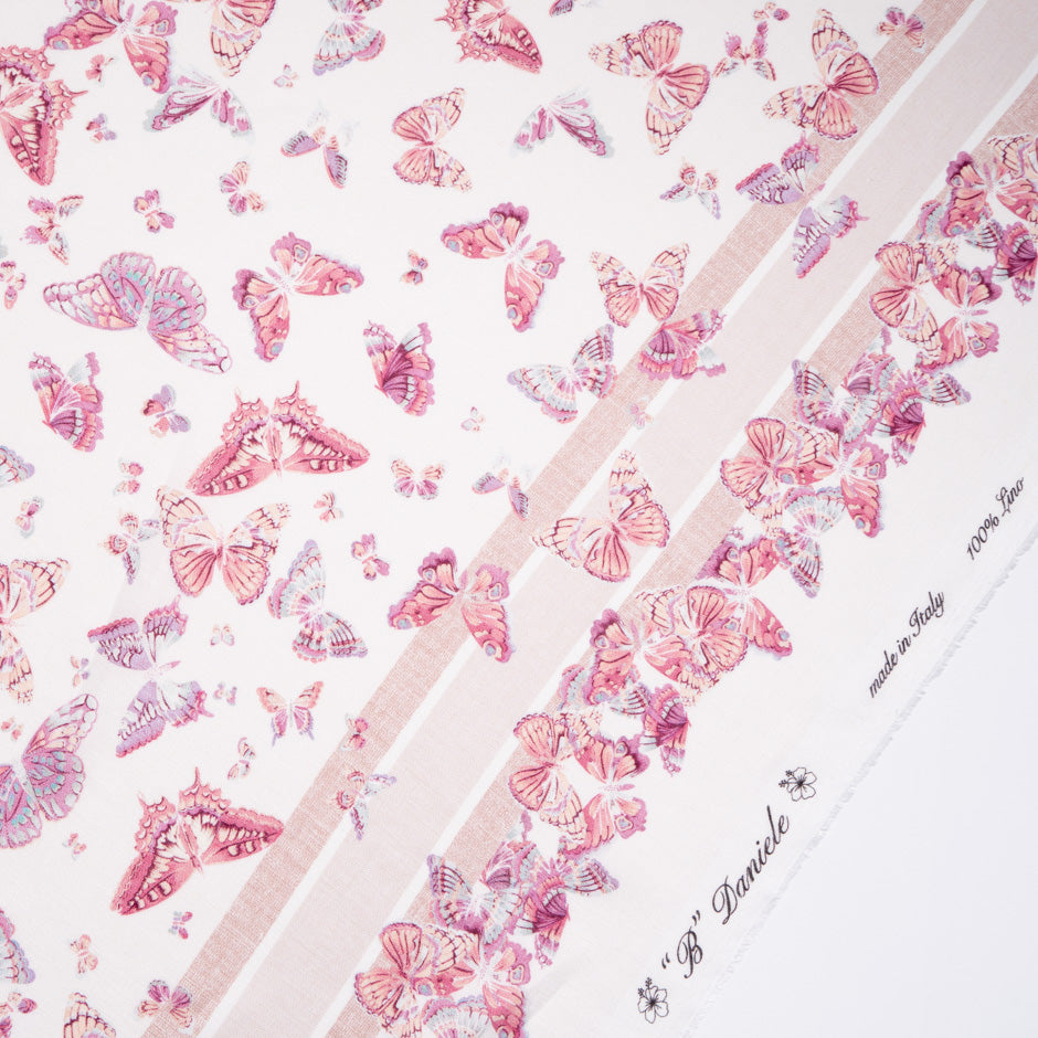 Pink Butterfly Printed Ivory Linen
