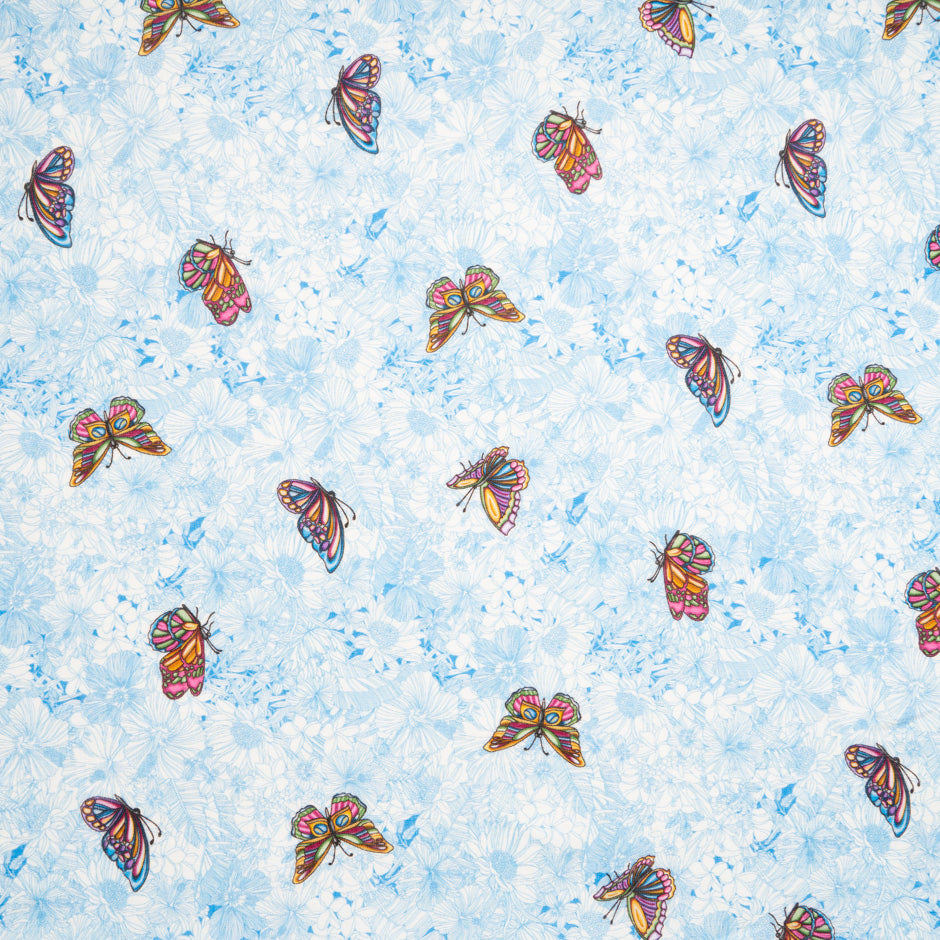 Multi-Coloured Butterfly Printed Blue Linen