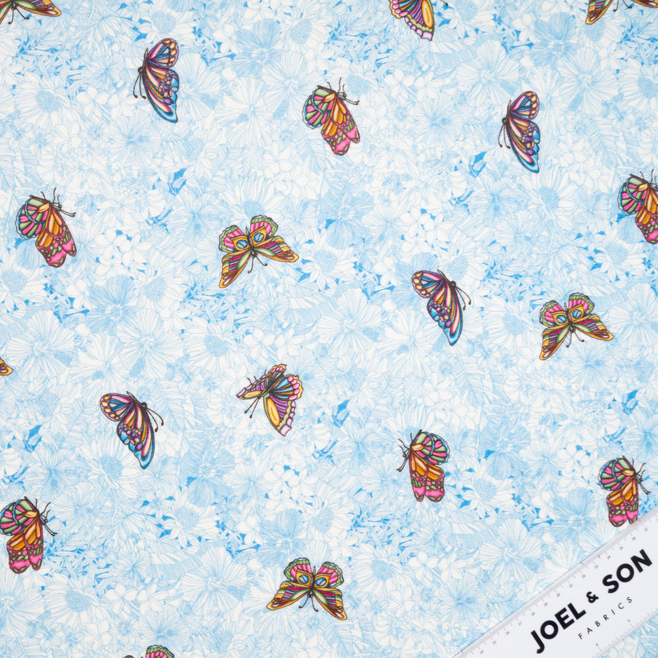 Multi-Coloured Butterfly Printed Blue Linen