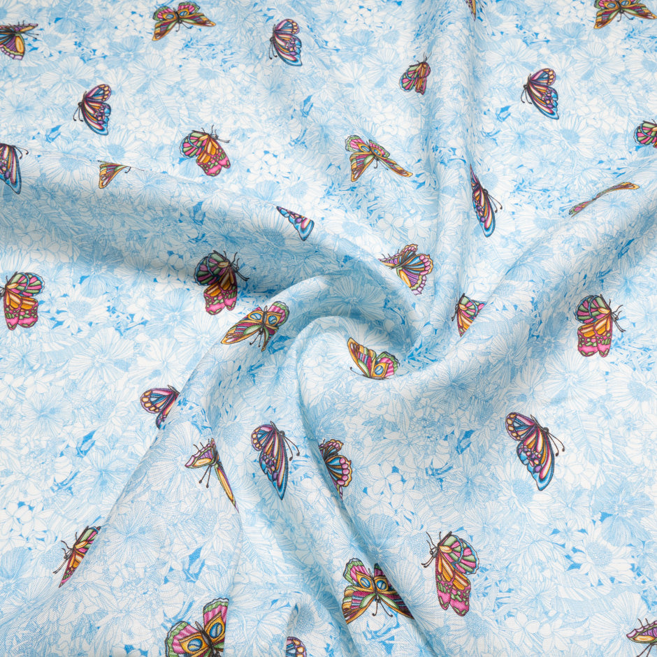 Multi-Coloured Butterfly Printed Blue Linen