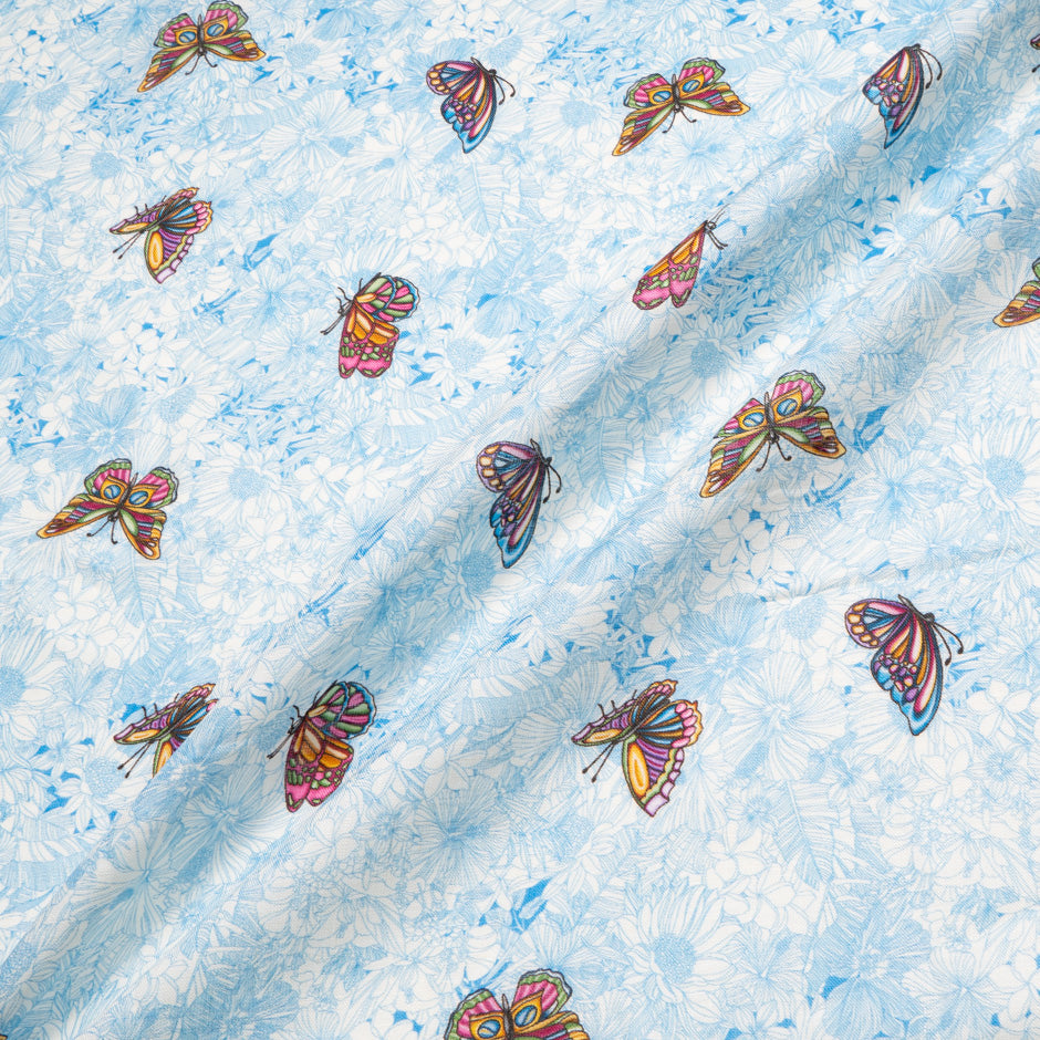 Multi-Coloured Butterfly Printed Blue Linen