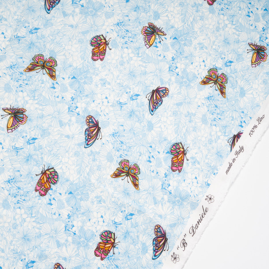 Multi-Coloured Butterfly Printed Blue Linen