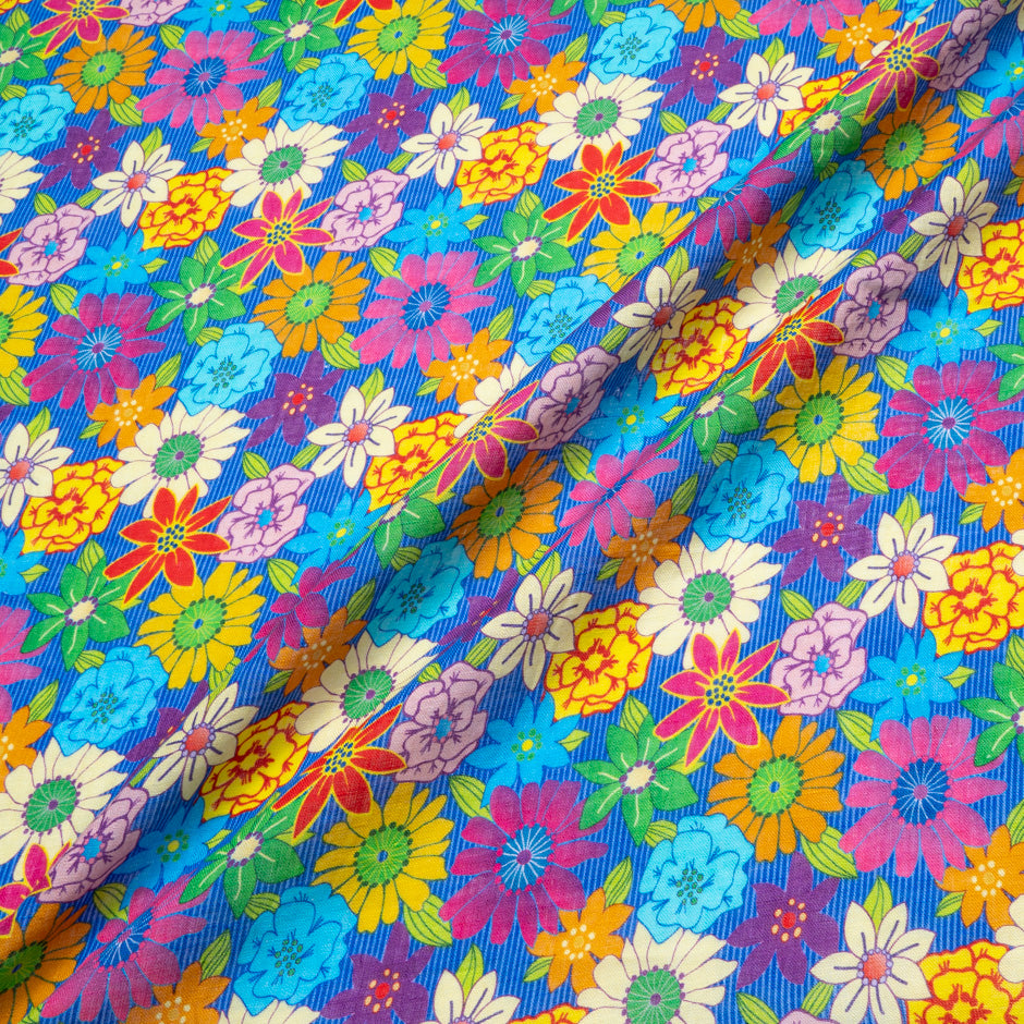 Bold Retro Floral Printed Linen