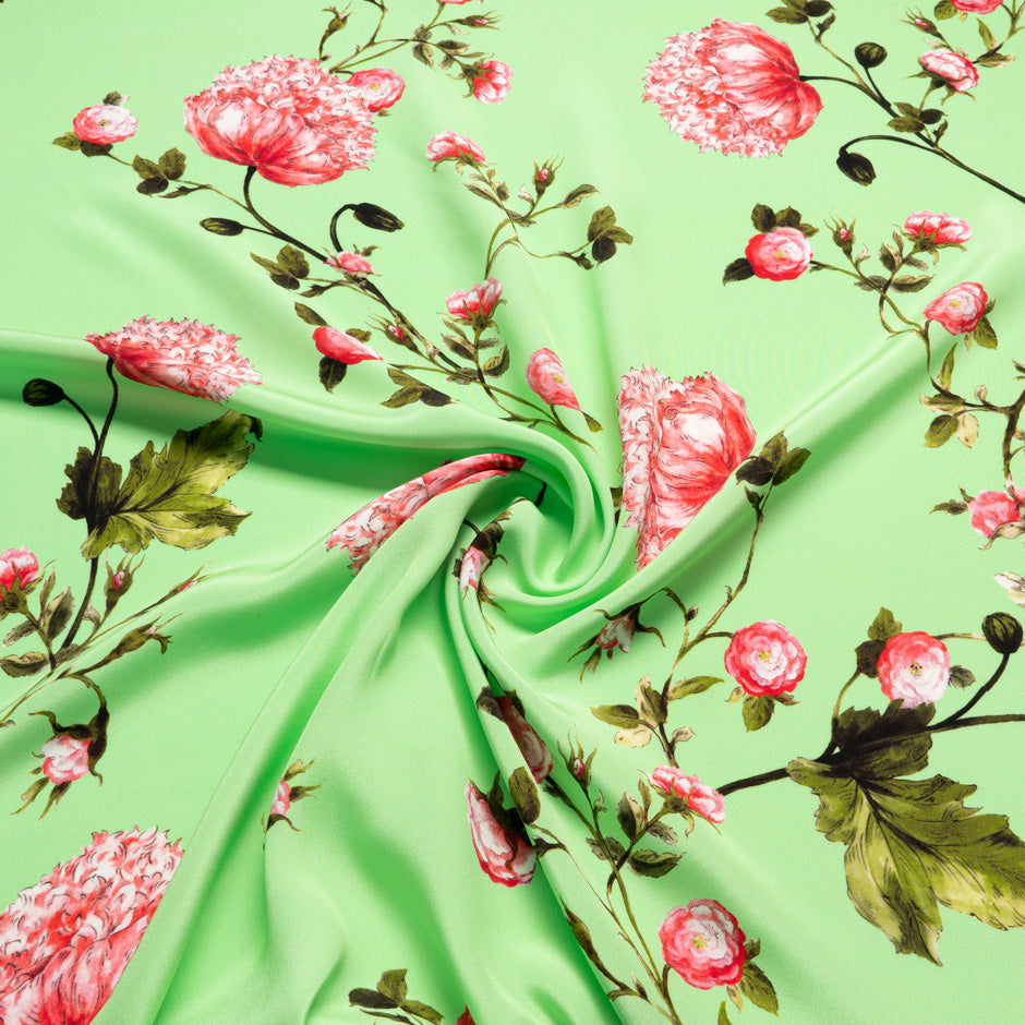 Pink Shaded Floral Printed Green Silk Crêpe