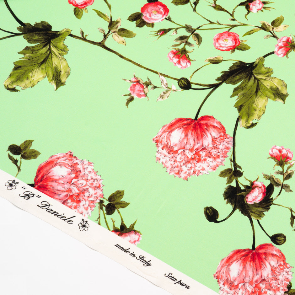 Pink Shaded Floral Printed Green Silk Crêpe