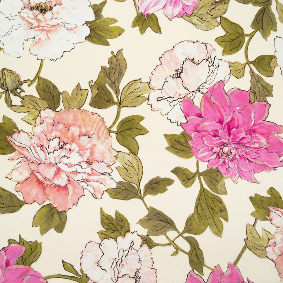 Large Pink Floral Printed Cream Silk Crêpe
