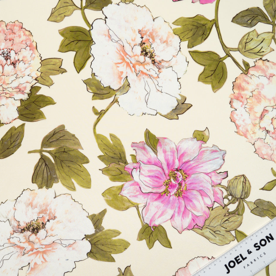 Large Pink Floral Printed Cream Silk Crêpe