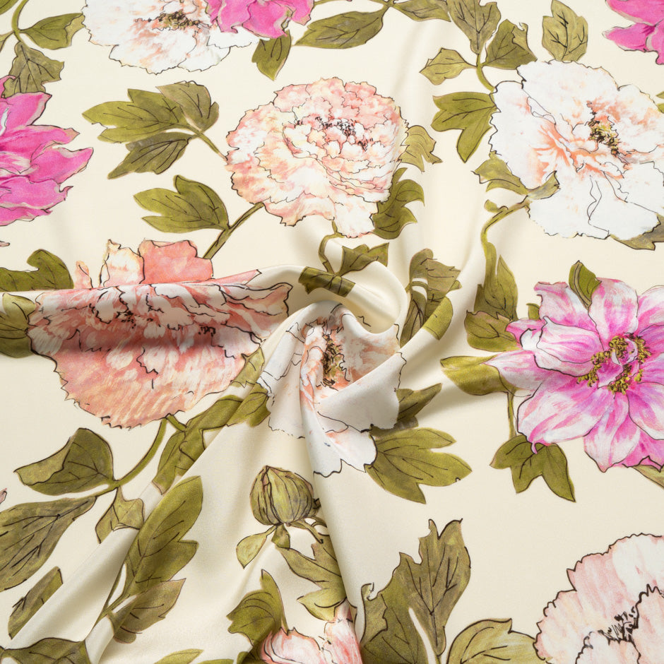 Large Pink Floral Printed Cream Silk Crêpe