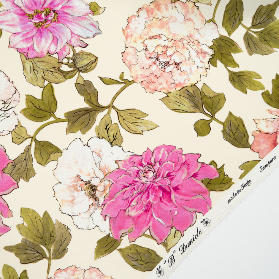 Large Pink Floral Printed Cream Silk Crêpe