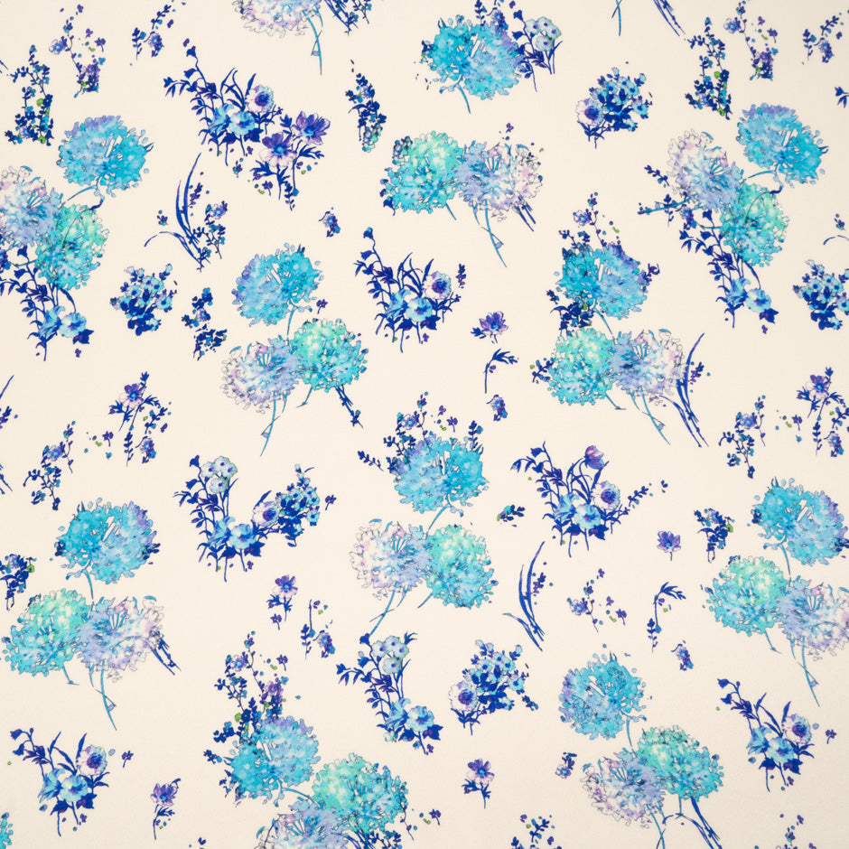 Blue Floral Printed Ivory Double Silk Crêpe