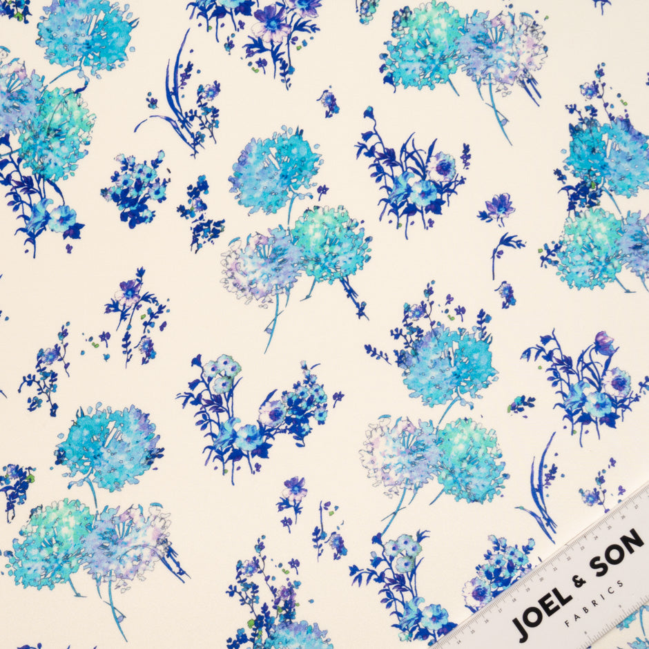 Blue Floral Printed Ivory Double Silk Crêpe