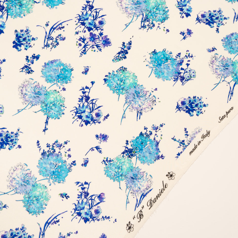 Blue Floral Printed Ivory Double Silk Crêpe