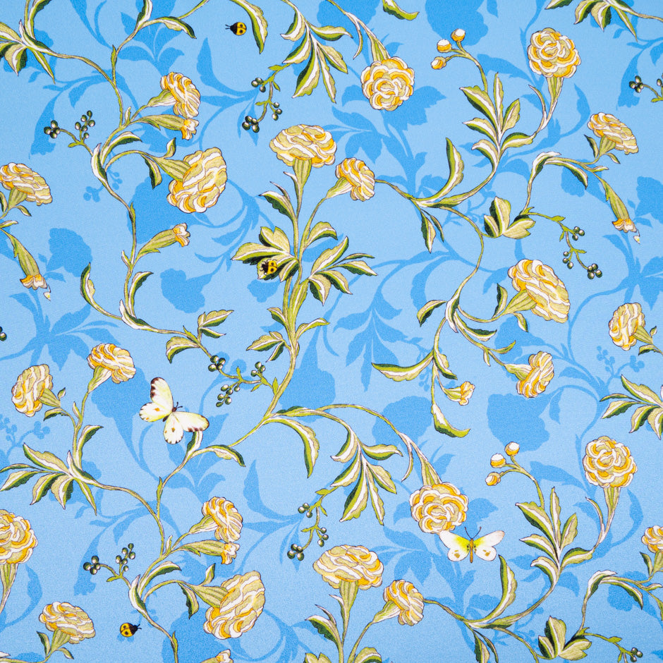 Yellow Floral Printed Blue Silk Crêpe