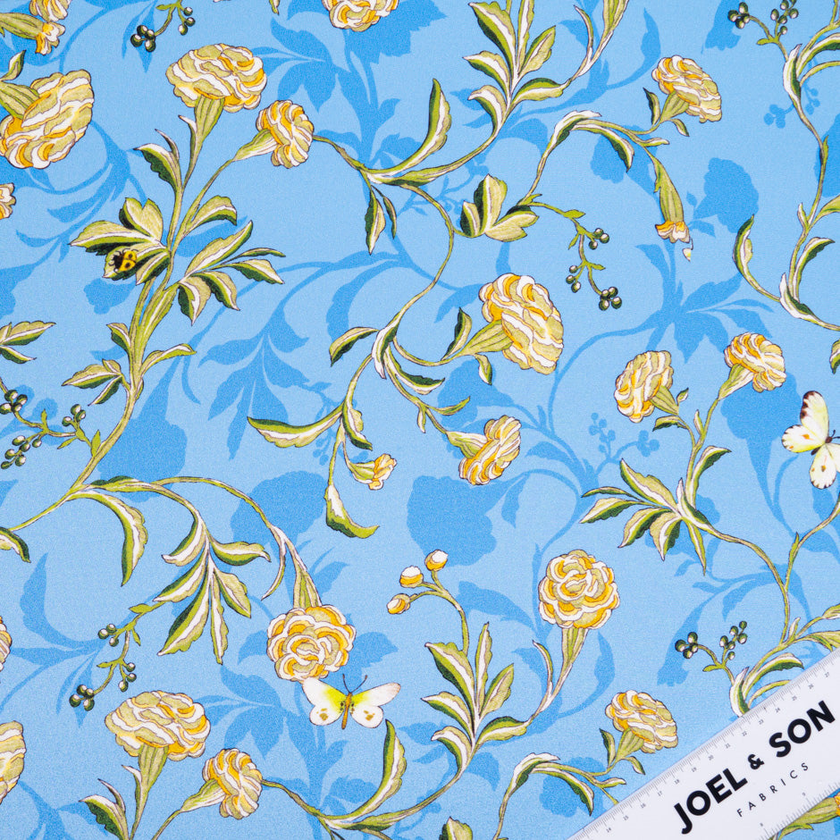 Yellow Floral Printed Blue Silk Crêpe