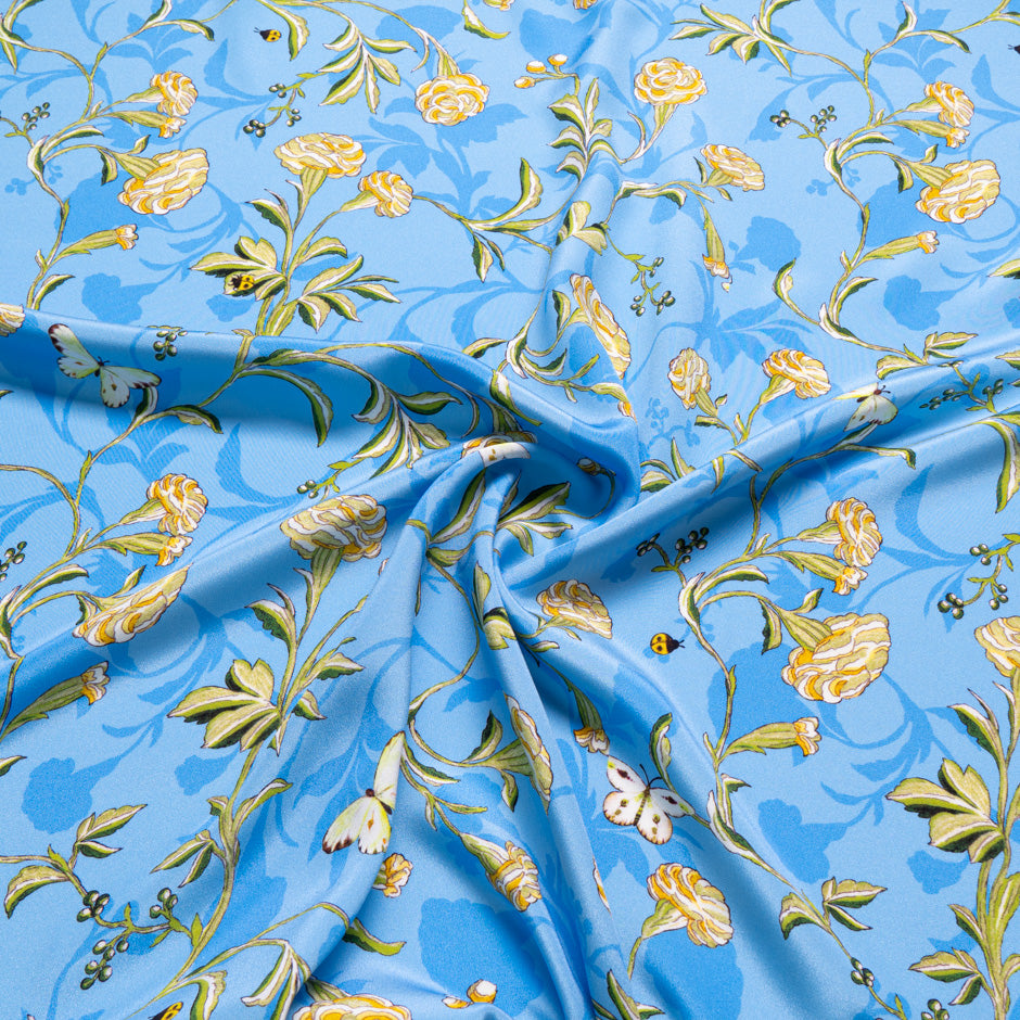 Yellow Floral Printed Blue Silk Crêpe