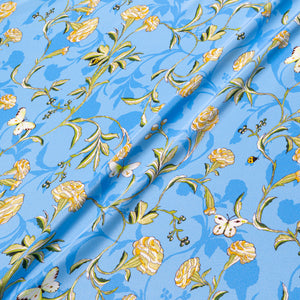 Yellow Floral Printed Blue Silk Crêpe