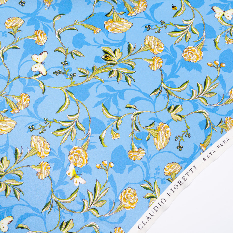 Yellow Floral Printed Blue Silk Crêpe