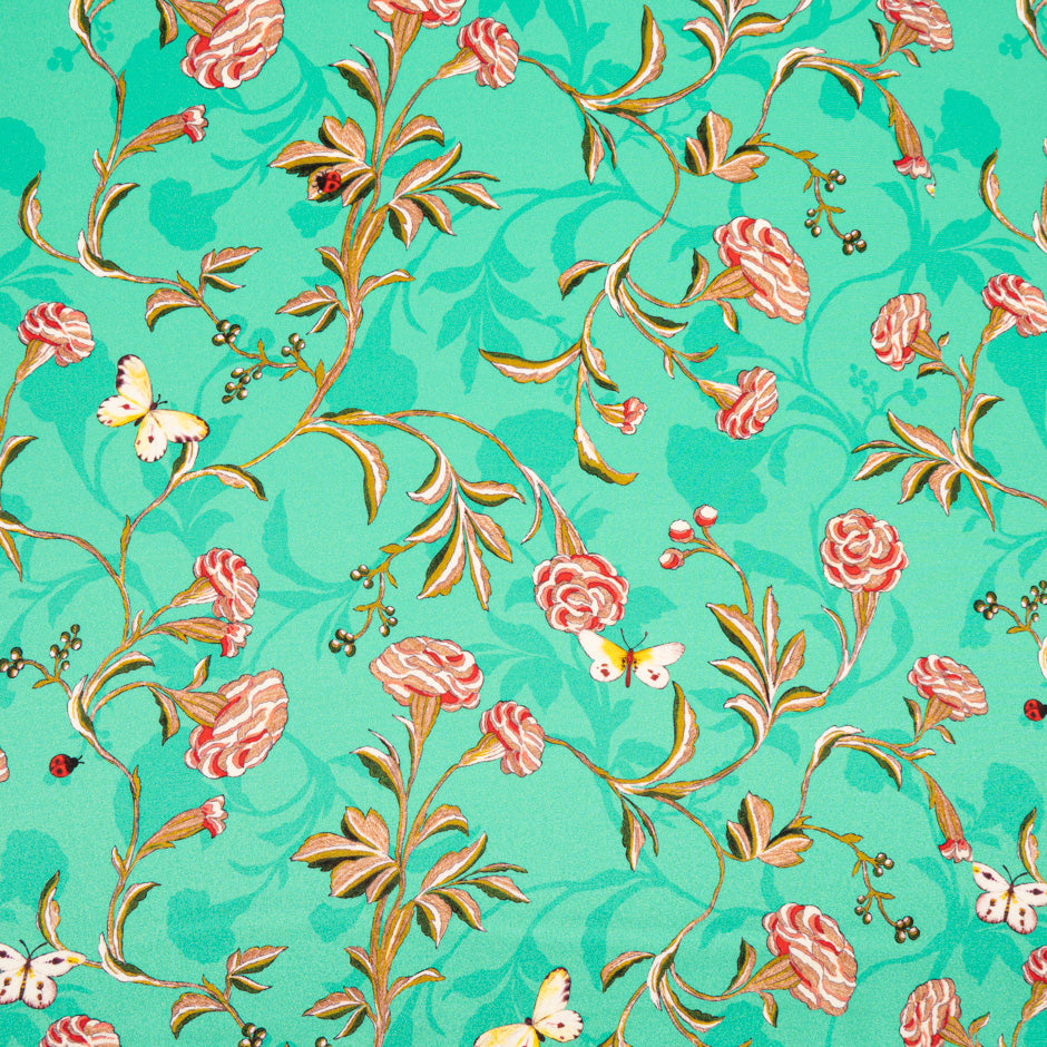 Pink Floral Printed Mint Green Silk Crêpe