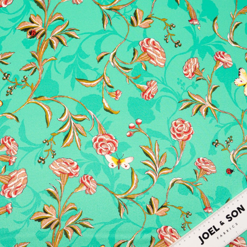 Pink Floral Printed Mint Green Silk Crêpe