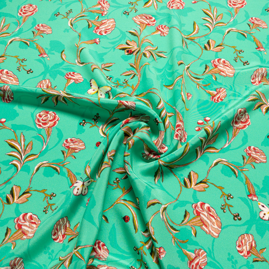 Pink Floral Printed Mint Green Silk Crêpe
