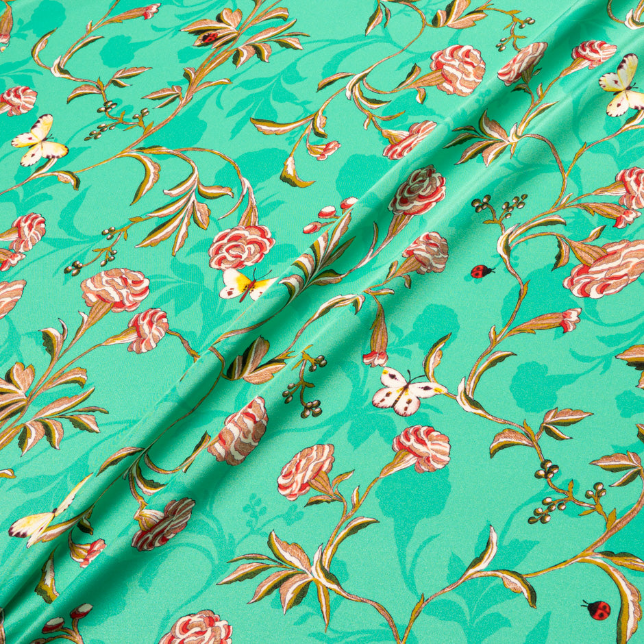 Pink Floral Printed Mint Green Silk Crêpe