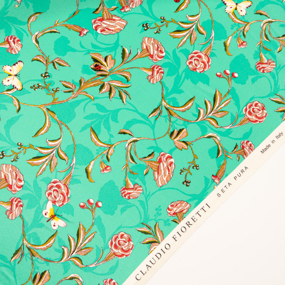 Pink Floral Printed Mint Green Silk Crêpe