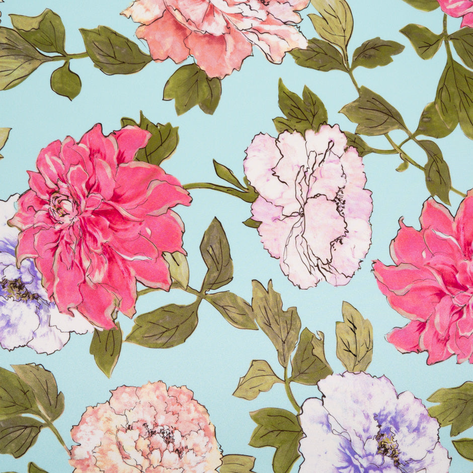 Large Floral Printed Soft Blue Double Silk Crêpe