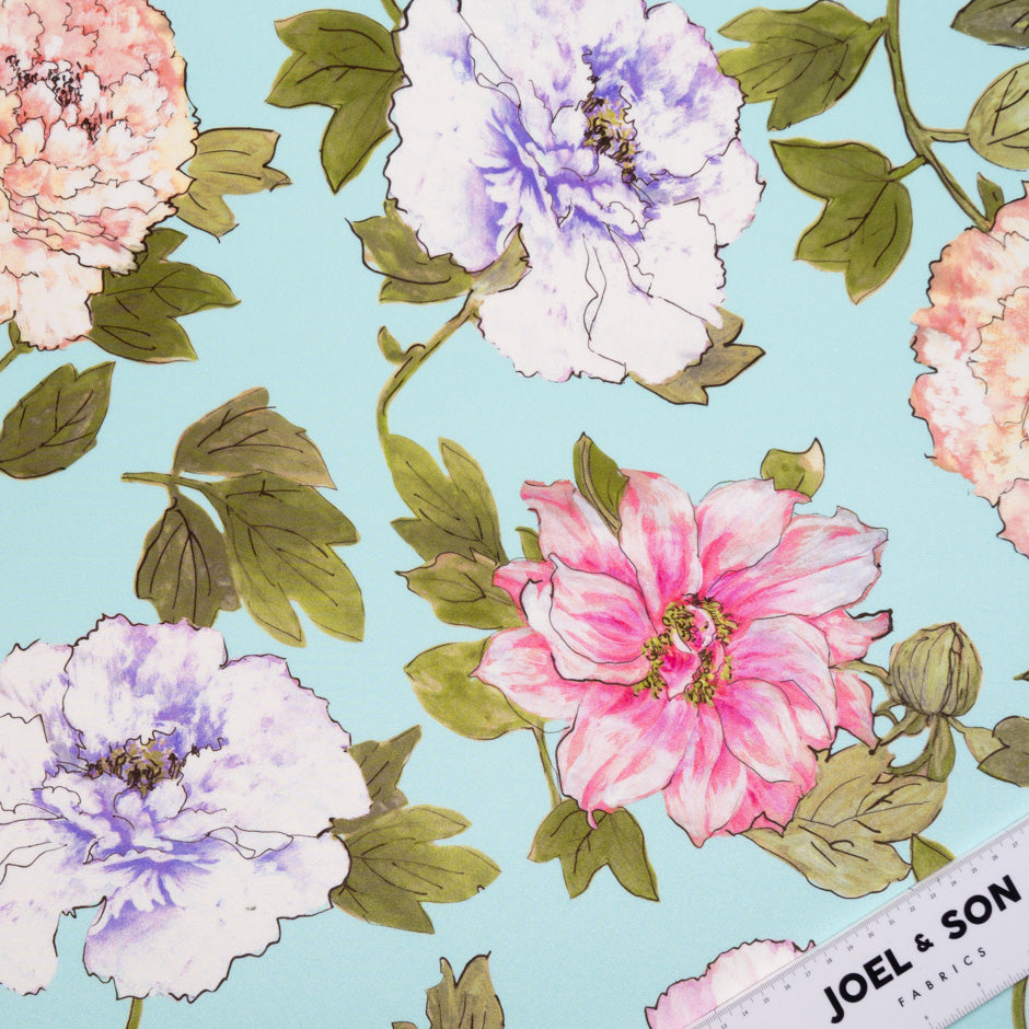 Large Floral Printed Soft Blue Double Silk Crêpe