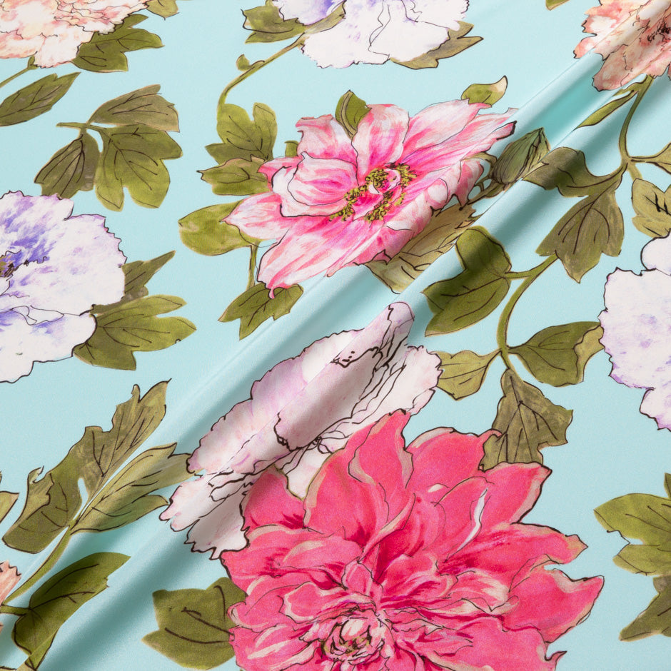 Large Floral Printed Soft Blue Double Silk Crêpe