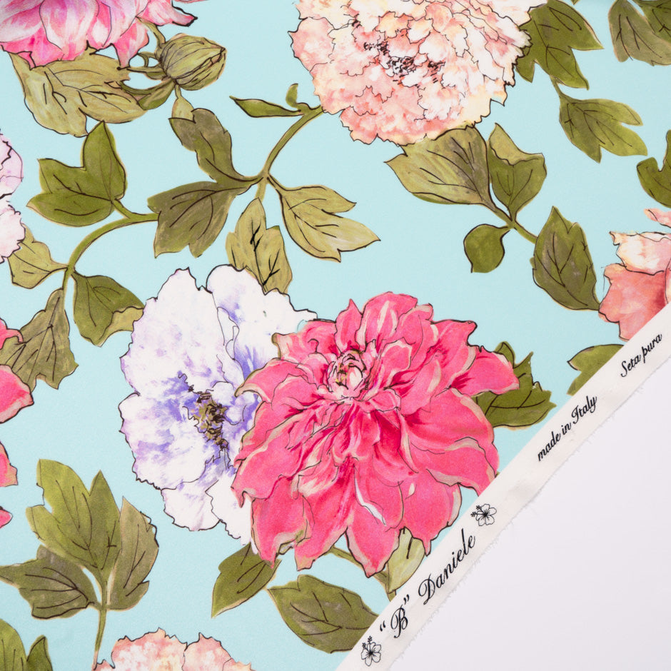 Large Floral Printed Soft Blue Double Silk Crêpe